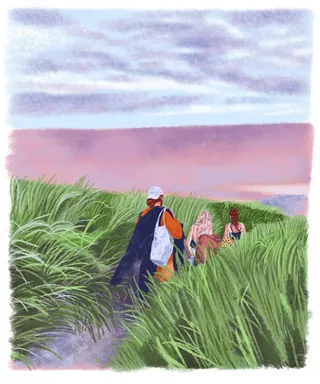 People walking through tall grass toward a pink and purple sunset by Georgie Stewart