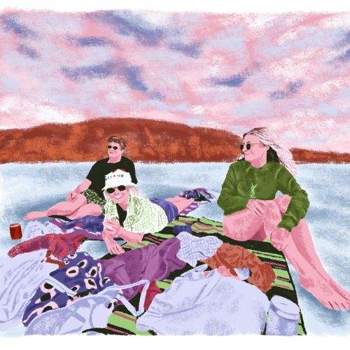 Artwork depicting people enjoying leisure time on a sunny beach