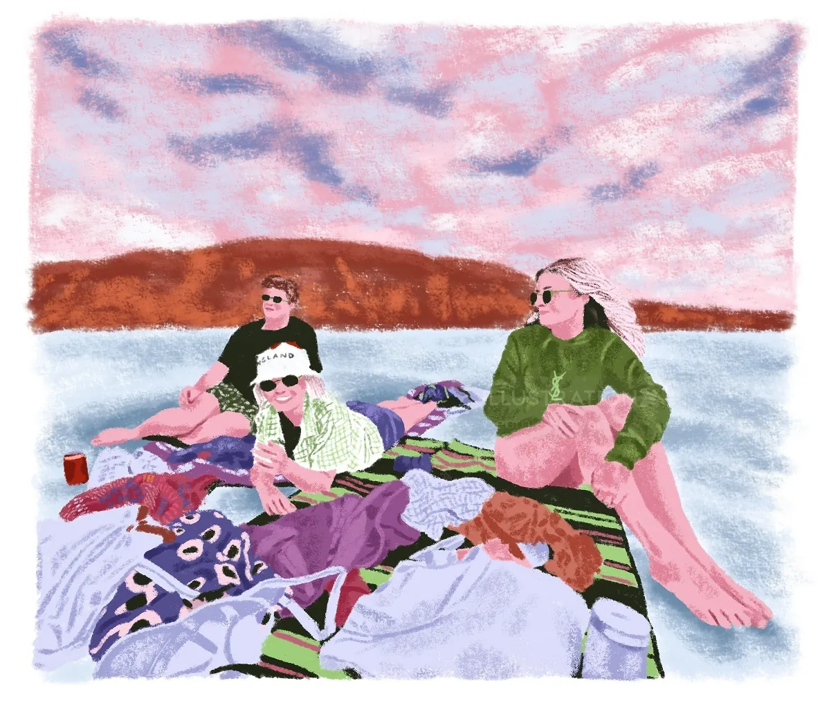 Artwork depicting people enjoying leisure time on a sunny beach