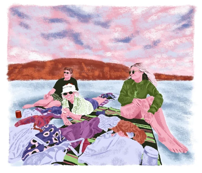 Artwork depicting people enjoying leisure time on a sunny beach