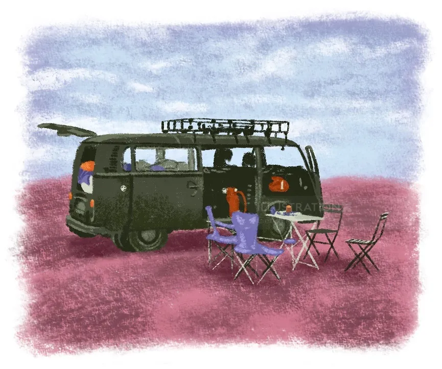 Acrylic brushstrokes painting of a campervan on a travel adventure