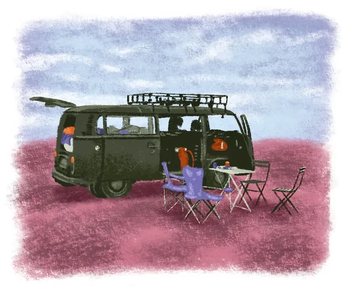 Acrylic brushstrokes painting of a campervan on a travel adventure