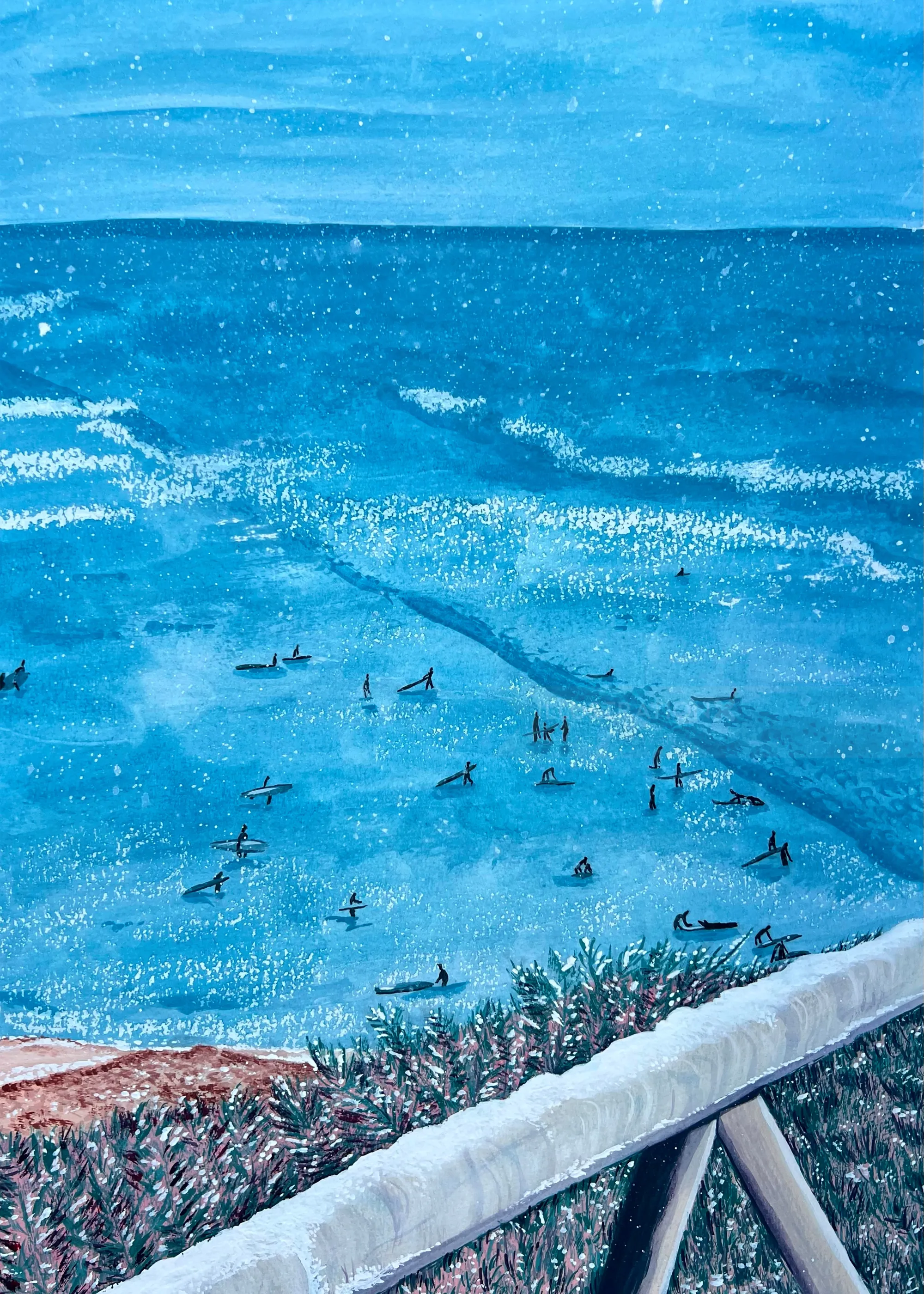 Ocean view with swimmers and surfers near the shoreline