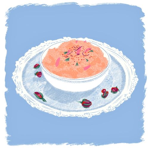 Bowl of orange fruit salad on decorative plate with rose petals