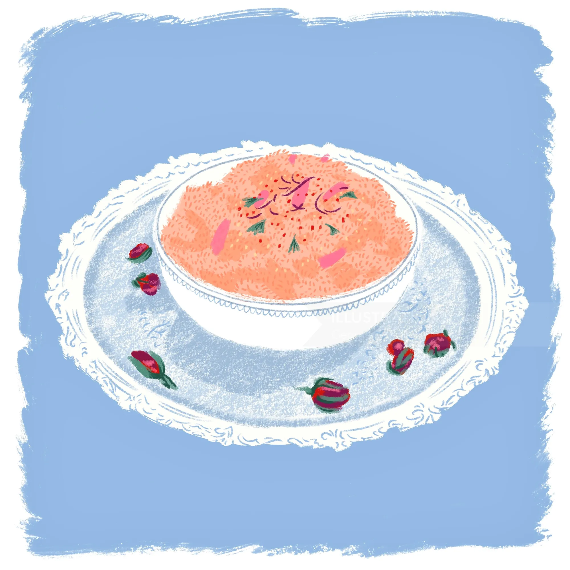 Bowl of orange fruit salad on decorative plate with rose petals