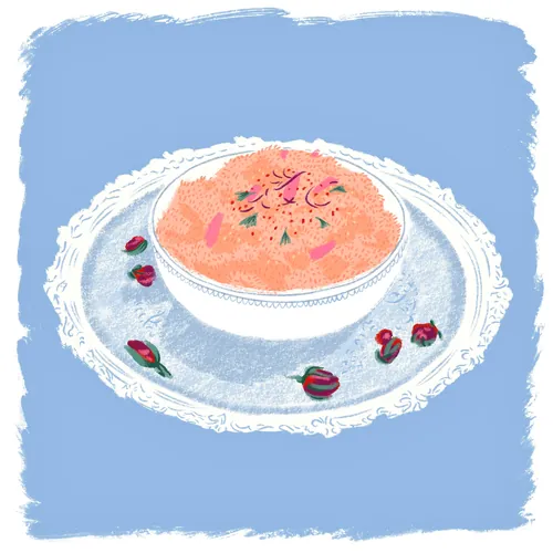 Bowl of orange fruit salad on decorative plate with rose petals