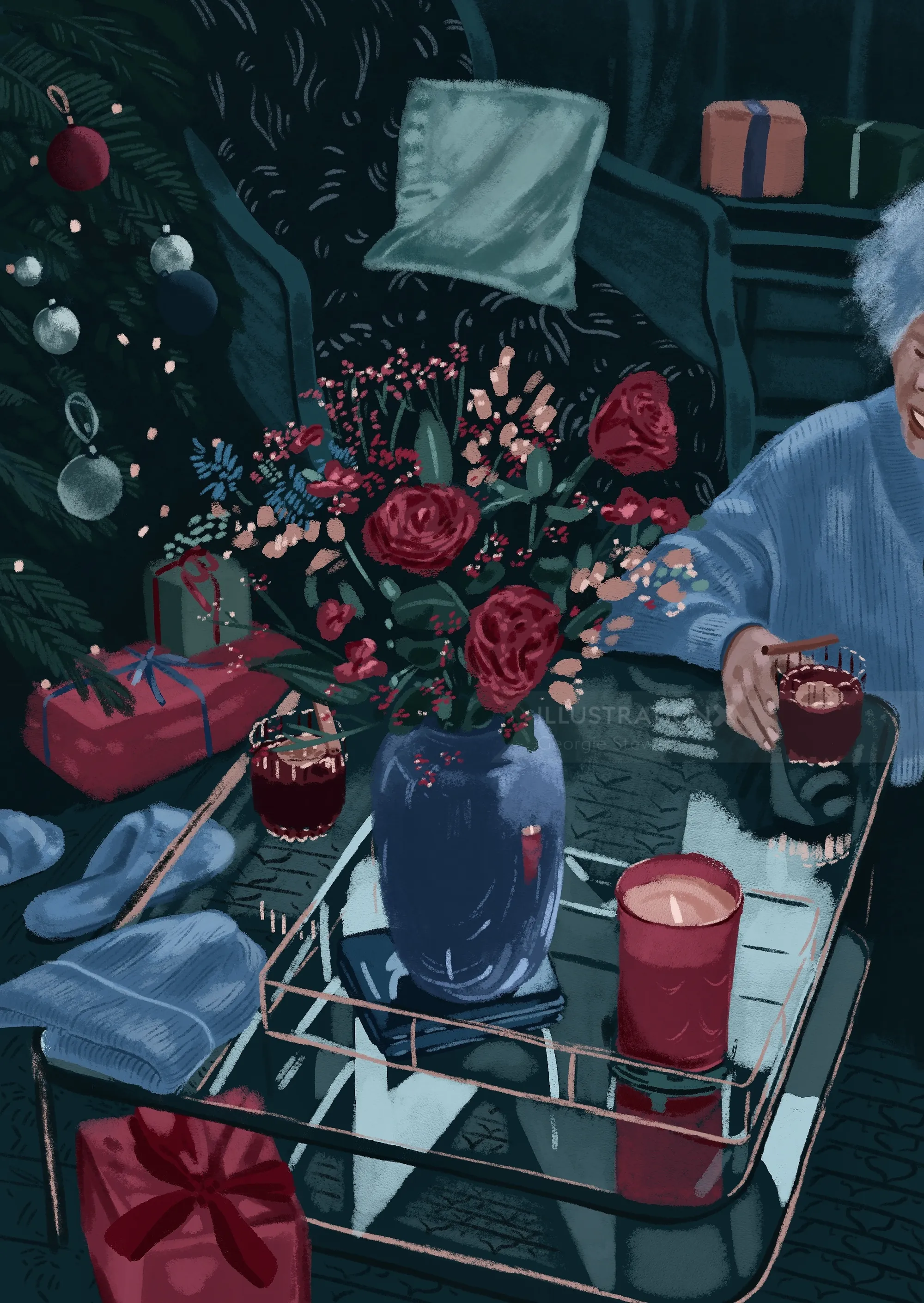 Christmas decorated living room with elderly person holding drink near lit candle