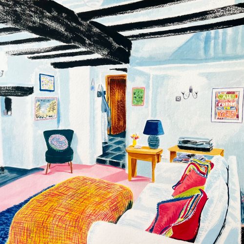 Painting of living room space with cozy atmosphere