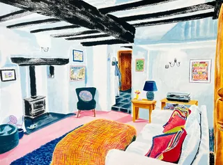 Painting of living room space with cozy atmosphere