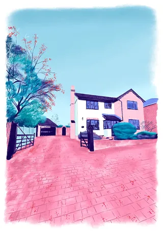 Suburban house with a driveway, trees, and bushes on a sunny day