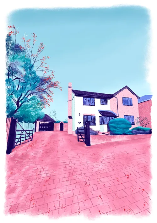Suburban house with a driveway, trees, and bushes on a sunny day