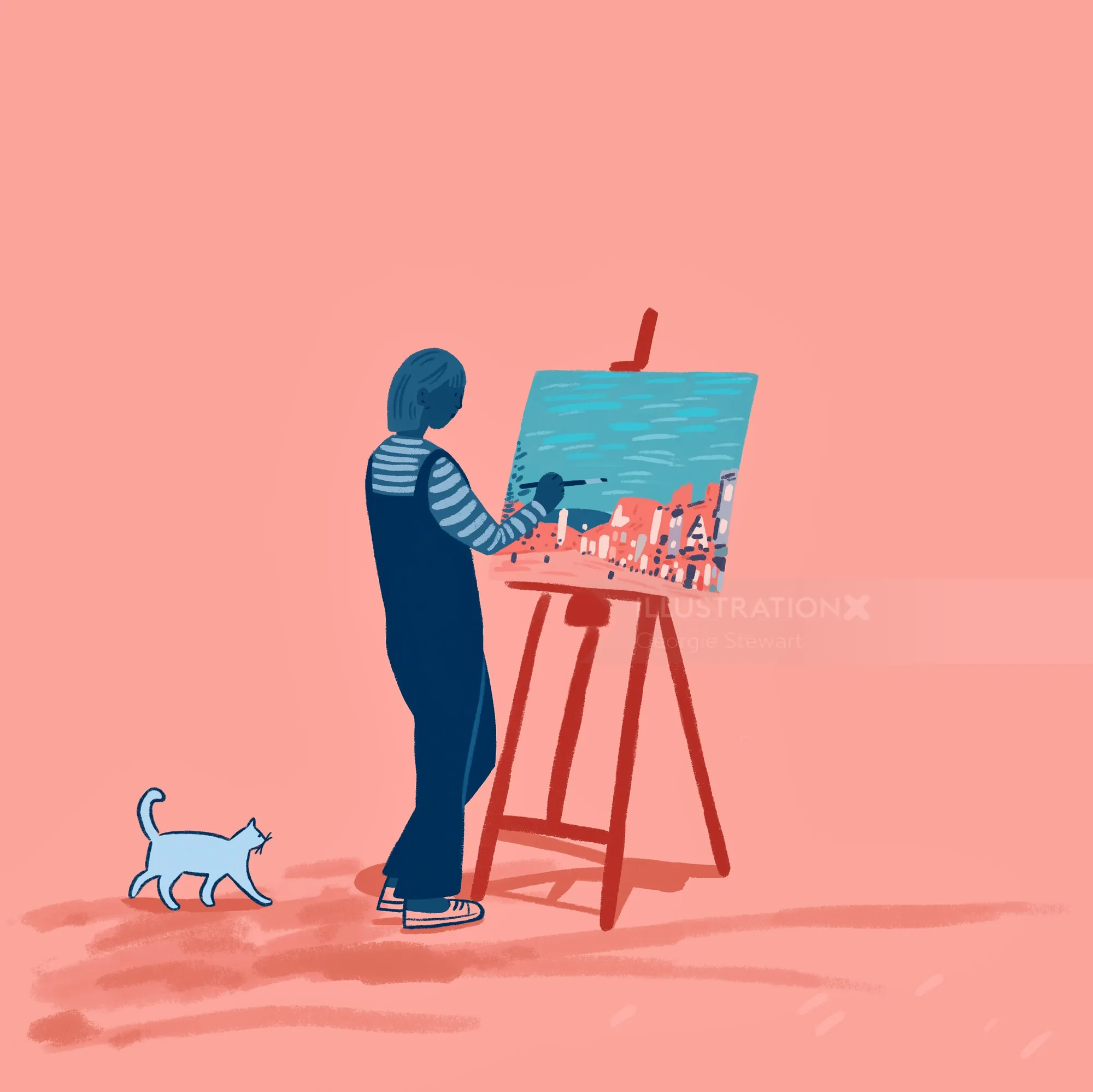 Artist painting cityscape on easel with cat nearby on pink background