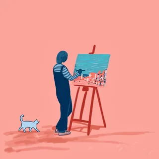 Artist painting cityscape on easel with cat nearby on pink background