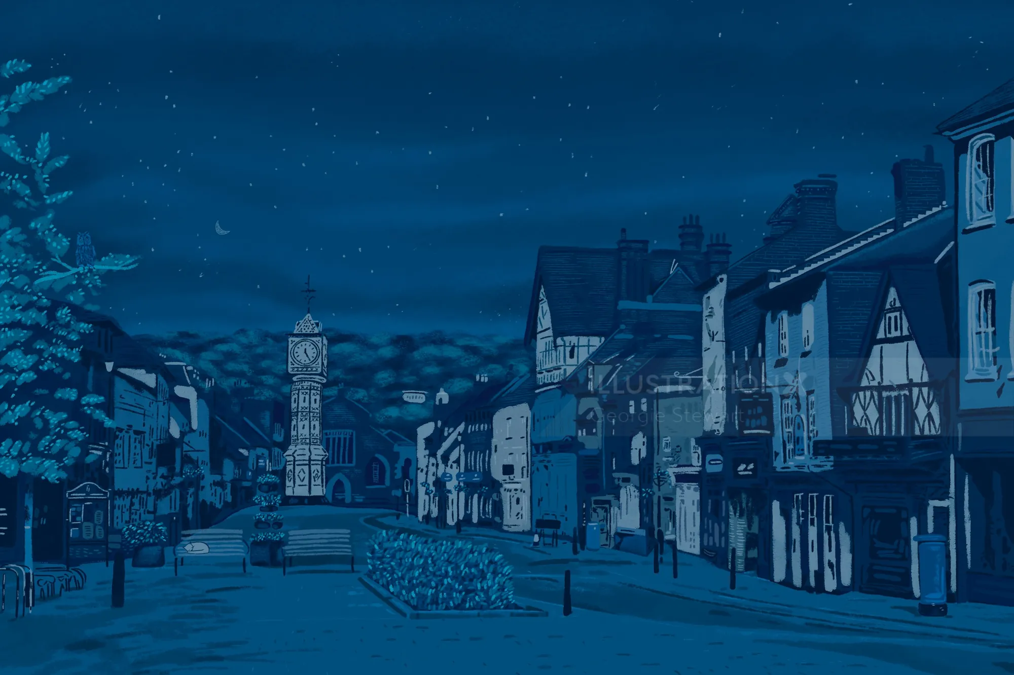 Night view of a historic street with a clock tower and old buildings.
