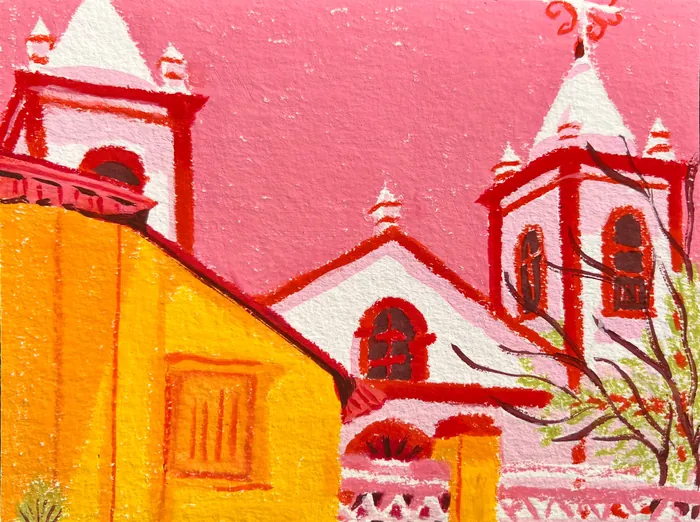 Painting of white church towers and yellow building under pink sky