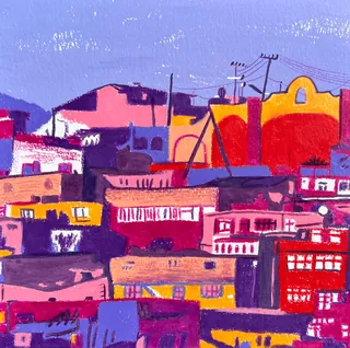 Abstract colorful hillside town with vibrant buildings and power lines