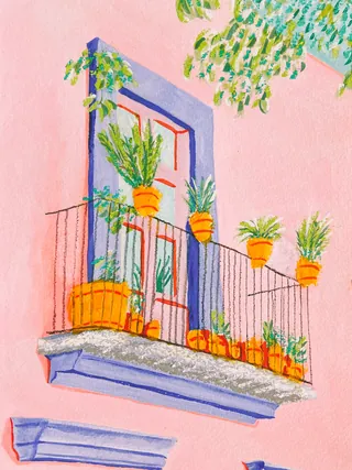 Balcony with orange pots and green plants on pink building