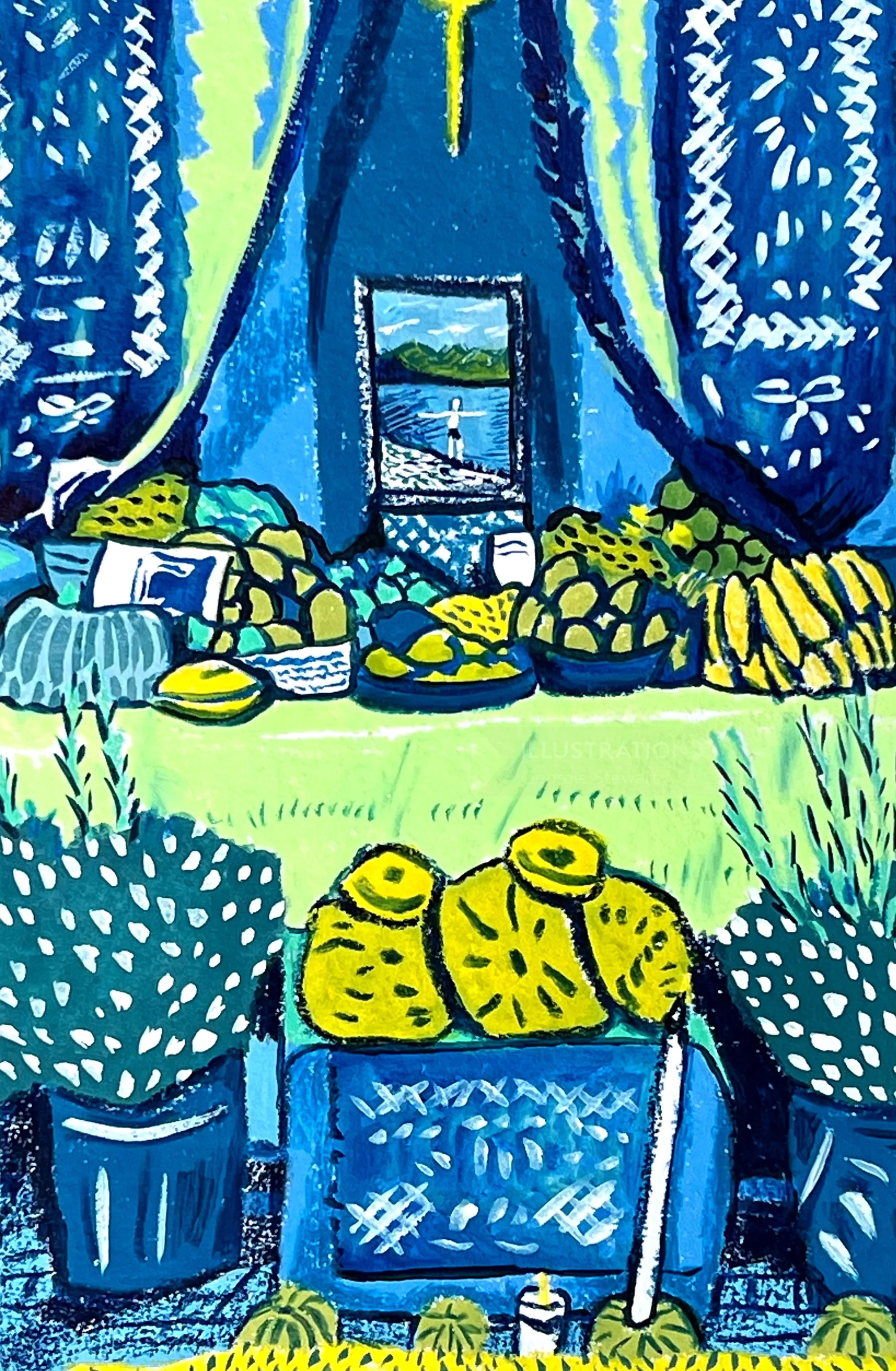 Market stall with yellow fruits and blue curtains showing distant landscape