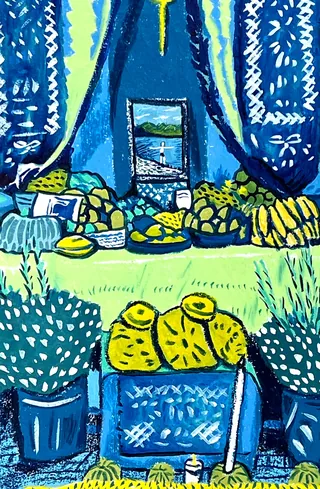 Market stall with yellow fruits and blue curtains showing distant landscape