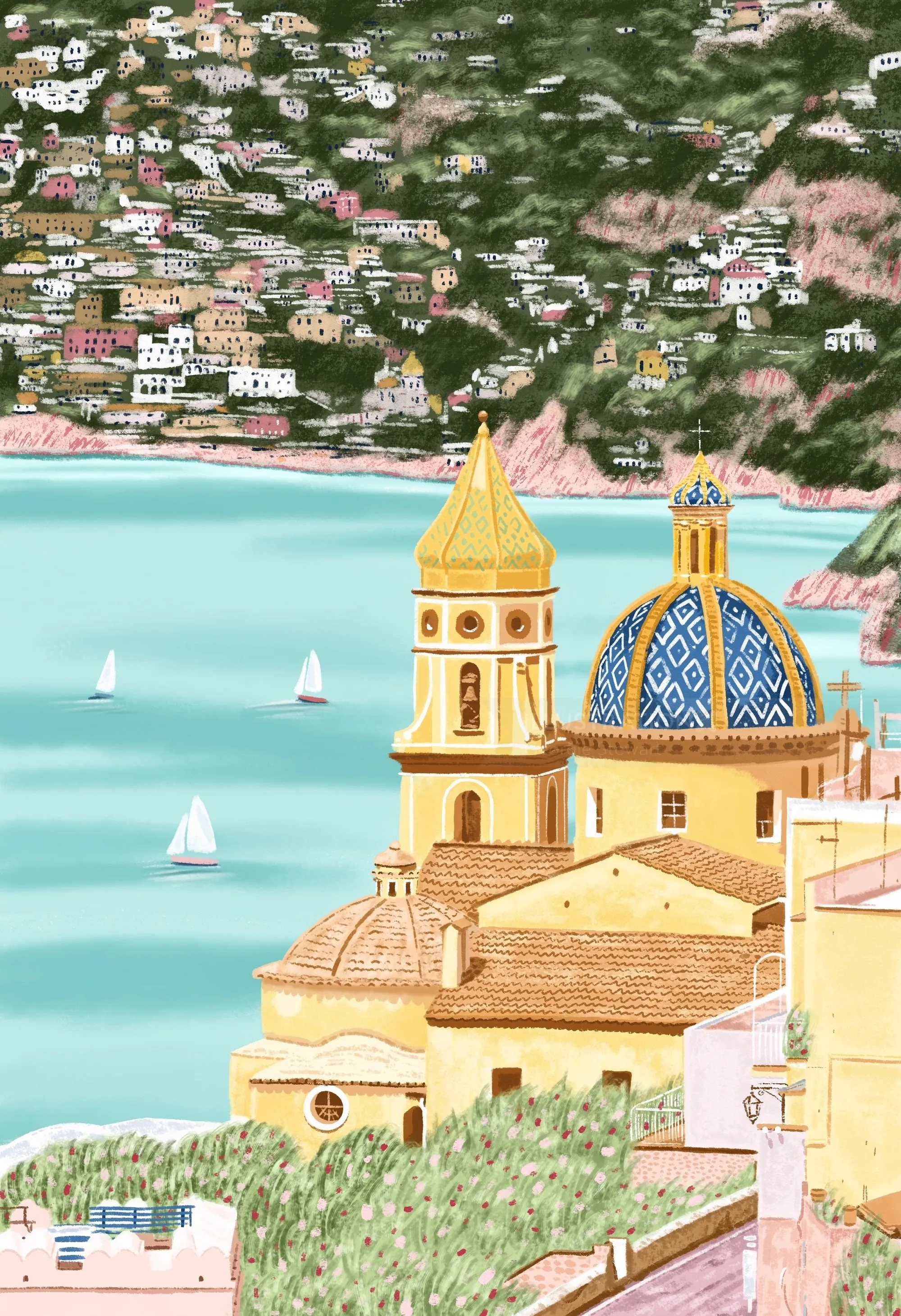 Amalfi Coast church dome and bell towers overlooking sea and hillside, artwork by Georgie Stewart