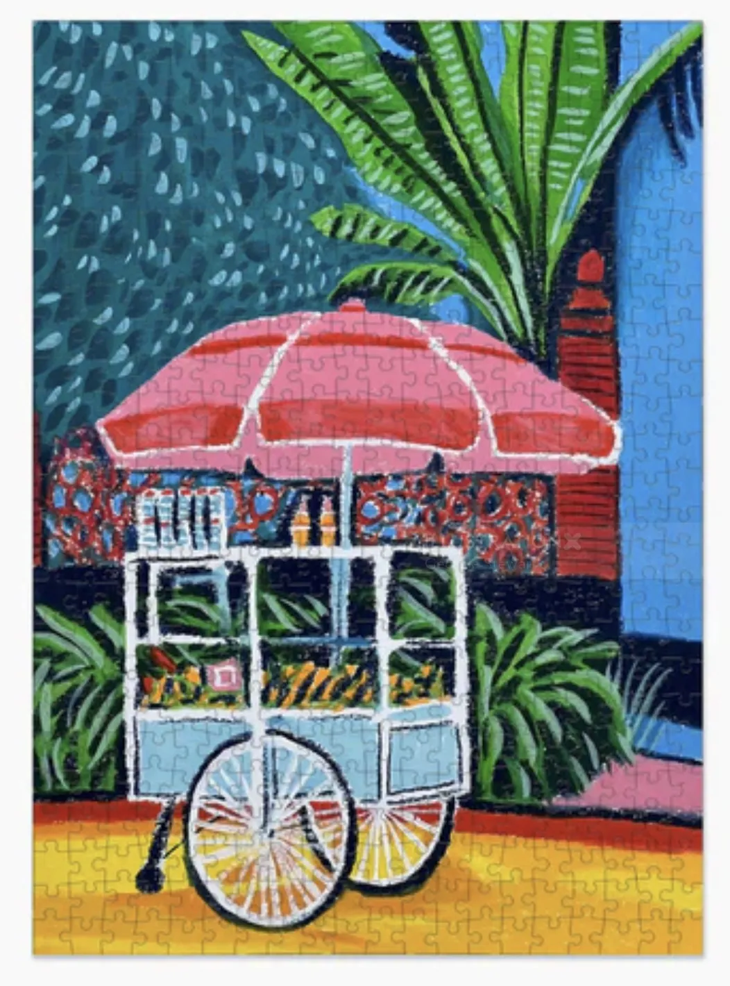 Carrinho de comida tropical colorido, criado por Georgie Stewart, com guarda-sol, roda de bicicleta e plantas exuberantes.