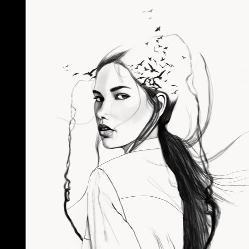 Flowing Hair Bella black and white illustration 