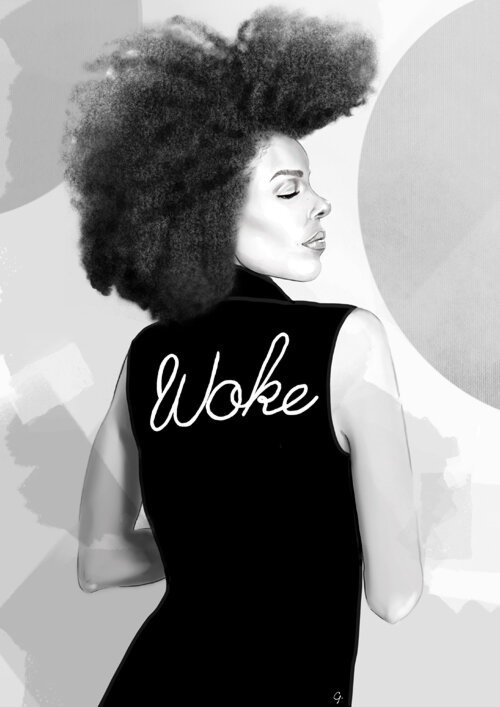 Black and white fashion illustration of woke lady
