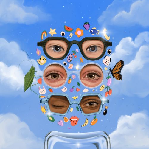 Surreal face with multiple glasses and stickers by German Gonzalez