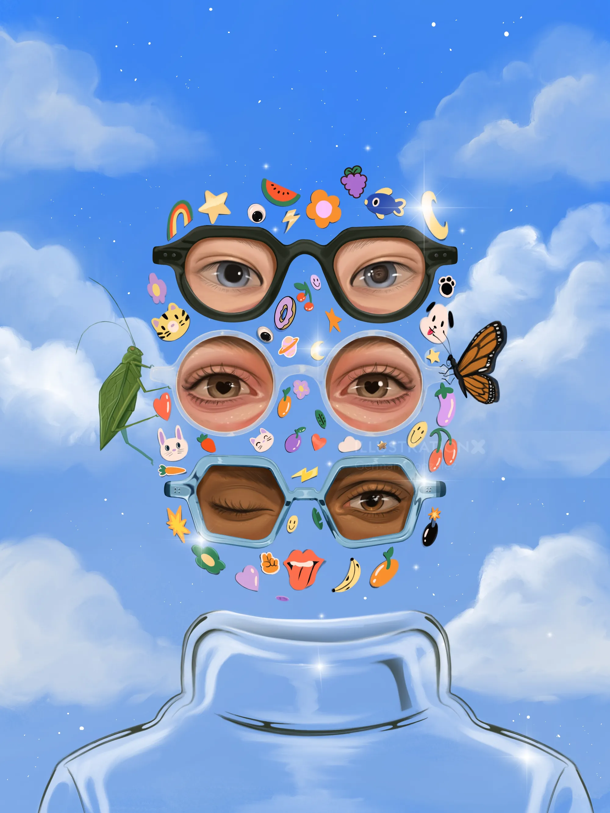 Surreal face with multiple glasses and stickers by German Gonzalez