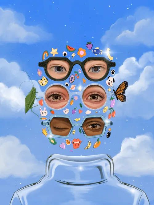 Rosto surreal com vários óculos e adesivos, por German Gonzalez