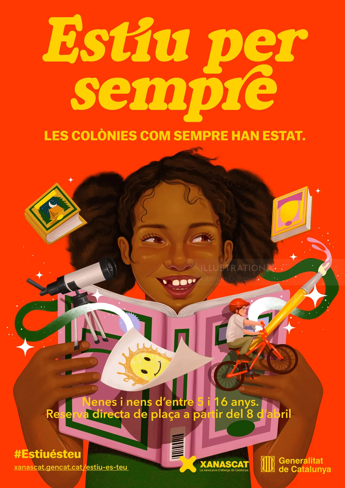 Girl reading with floating books and symbols, illustration by German Gonzalez