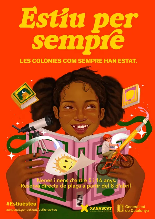 Menina lendo com livros e símbolos flutuantes, ilustração de German Gonzalez