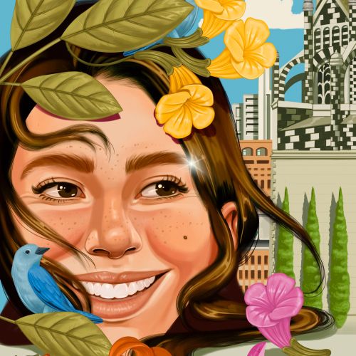 Illustration of woman with freckles surrounded by Medellín flora and architecture by German Gonzale
