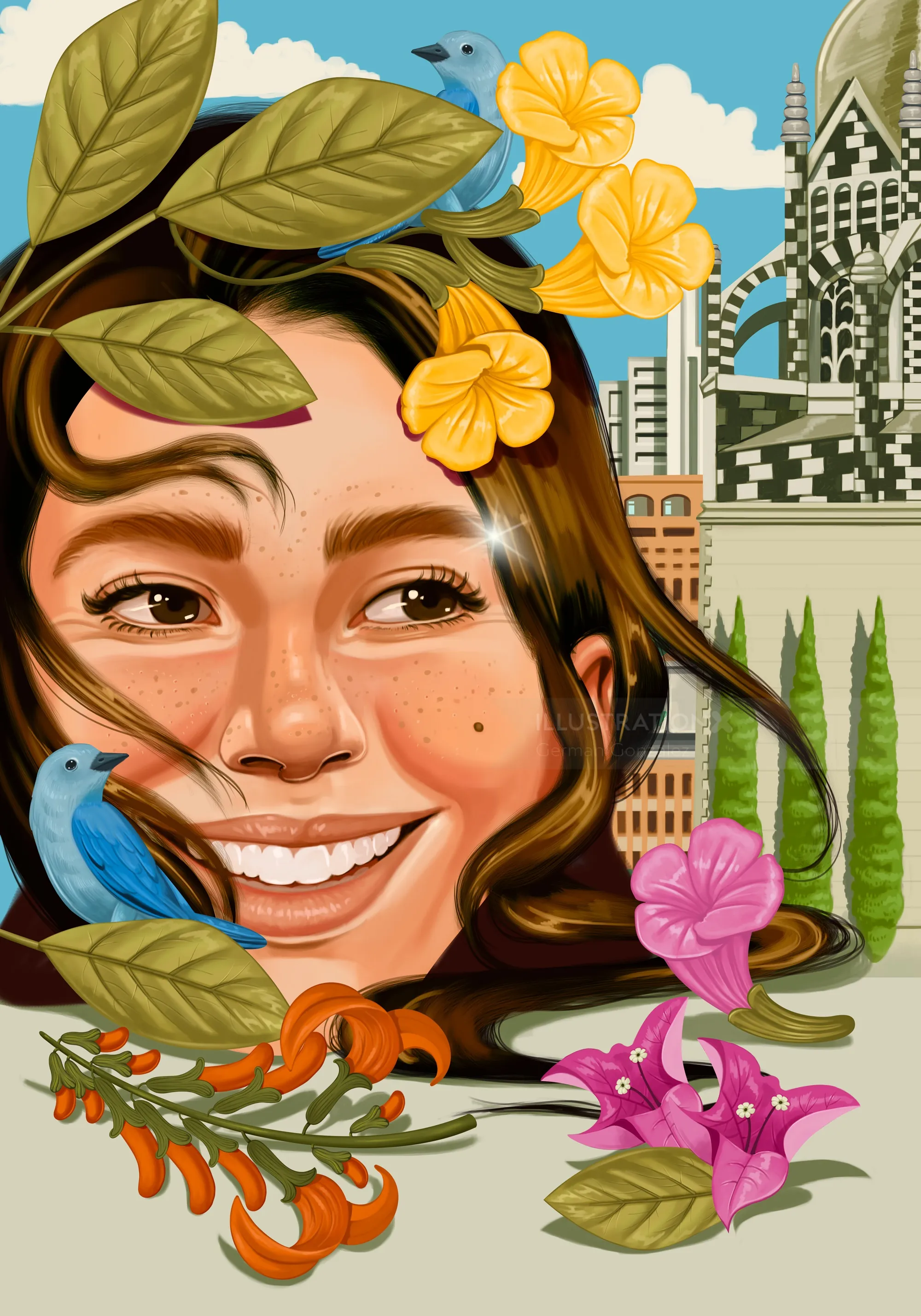 Ilustração de uma mulher sardenta rodeada pela flora e arquitetura de Medellín, por German Gonzale.