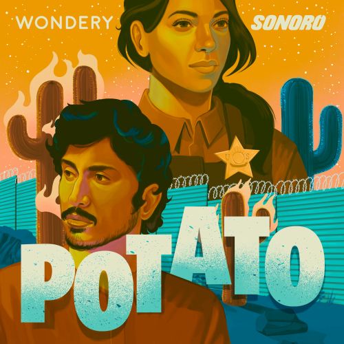 Illustration for Potato podcast showing immigrant and ICE agent by German Gonzalez