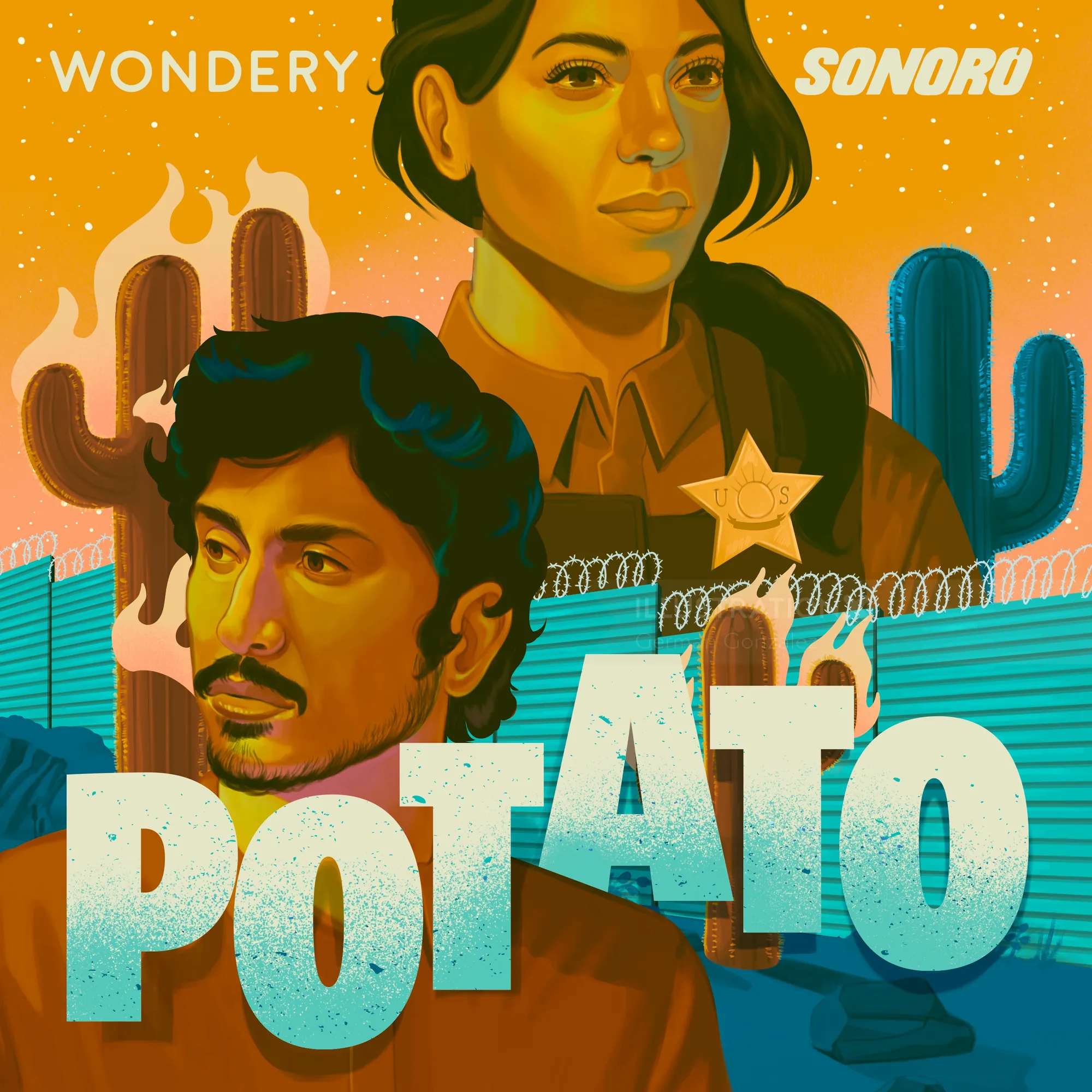 Ilustración para el podcast Potato que muestra a un inmigrante y a un agente del ICE, realizada por German Gonzalez.