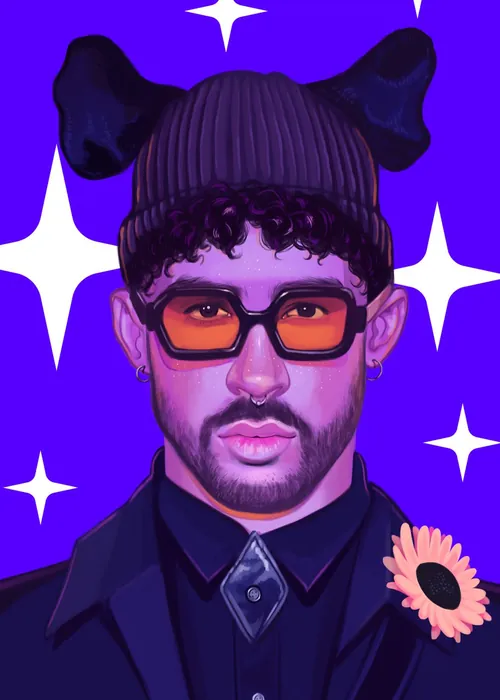 Ilustração de Bad Bunny usando gorro e óculos com estrelas, por German Gonzalez