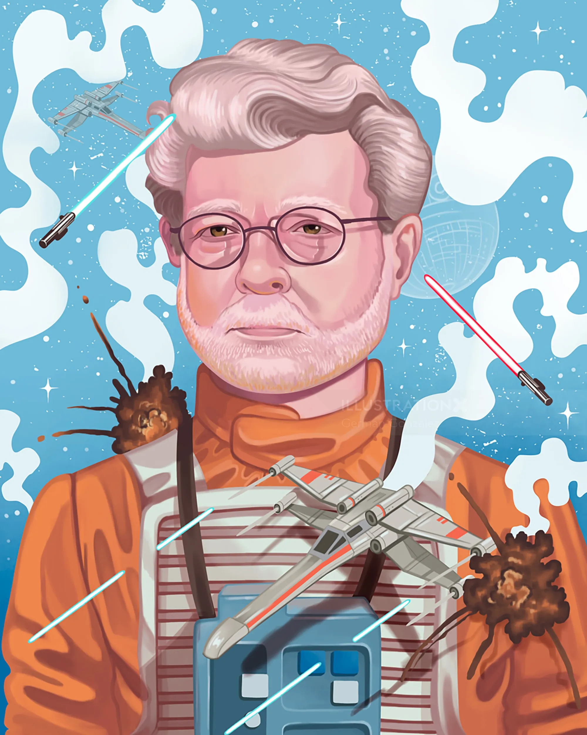 Illustration of George Lucas surrounded by Star Wars imagery by German Gonzalez