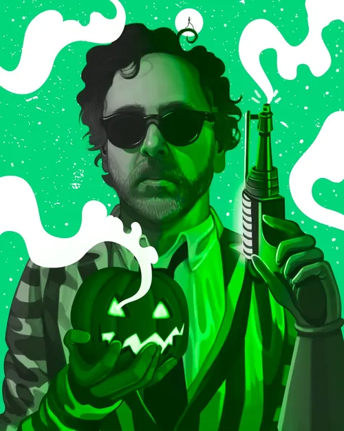 Ilustração de Tim Burton com abóbora e arma por German Gonzalez