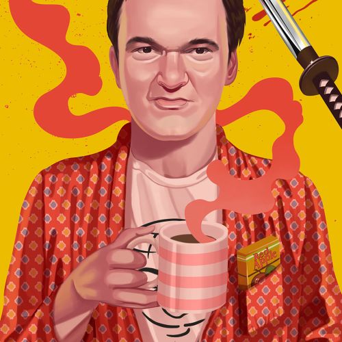 Illustration of Quentin Tarantino with Kill Bill sword and smoke by German Gonzalez
