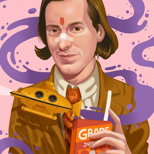 Illustration of film director Wes Anderson with yellow submarine and juice box by German Gonzalez