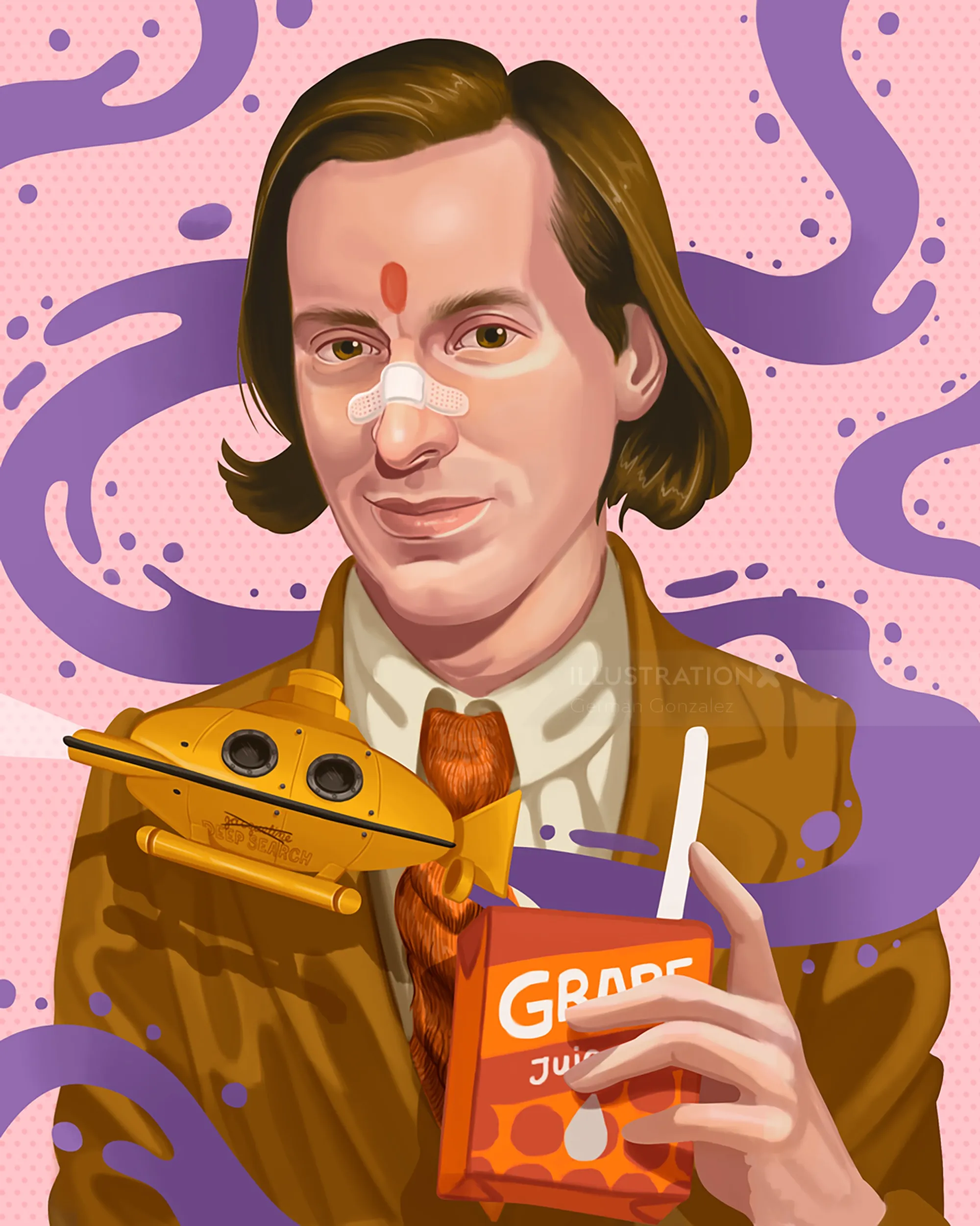 Illustration of film director Wes Anderson with yellow submarine and juice box by German Gonzalez