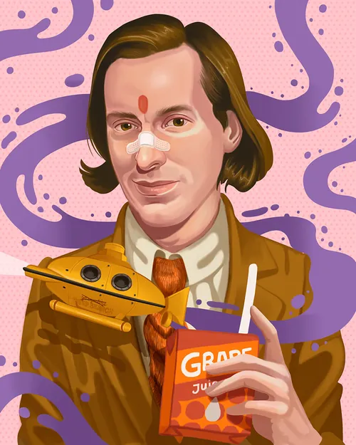 Ilustração do diretor de cinema Wes Anderson com um submarino amarelo e uma caixa de suco, por German Gonzalez.