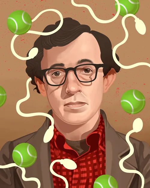 Ilustração de Woody Allen com bolas de tênis, por German Gonzalez