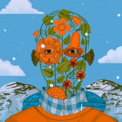 Surreal portrait with floral features and Andes mountains background by German Gonzalez