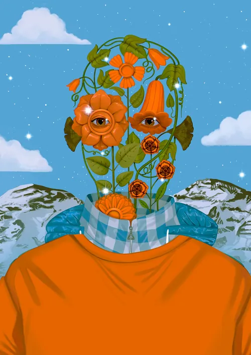 Retrato surreal com elementos florais e a cordilheira dos Andes ao fundo, por German Gonzalez.