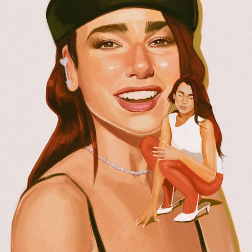 Portrait of Dua Lipa with smaller seated figure by German Gonzalez