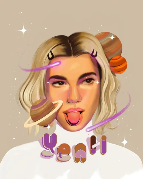 Retrato de Dua Lipa com planetas e elementos cósmicos por German Gonzalez