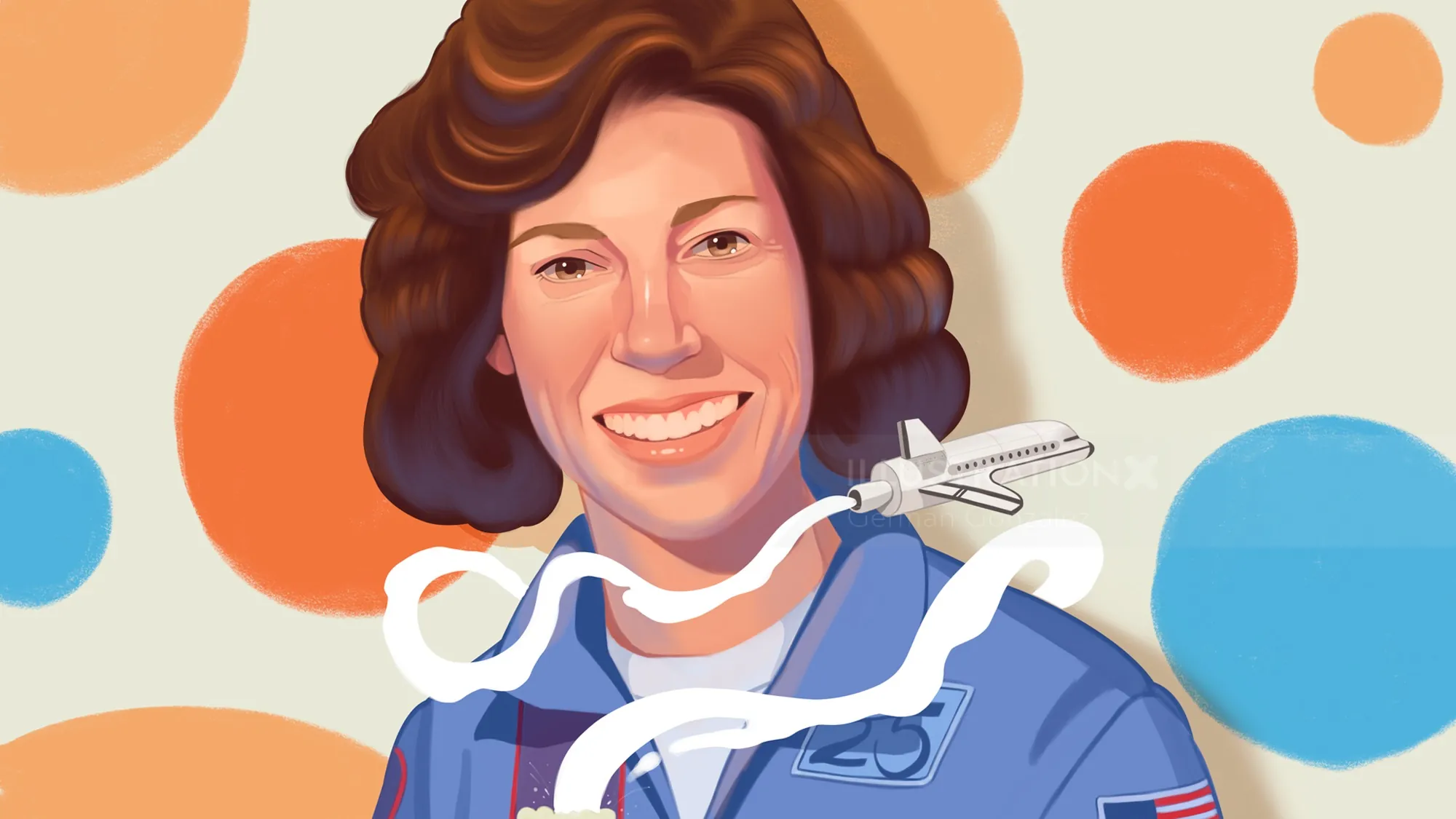 Portrait of Ellen Ochoa in astronaut suit with flight path, by German Gonzalez