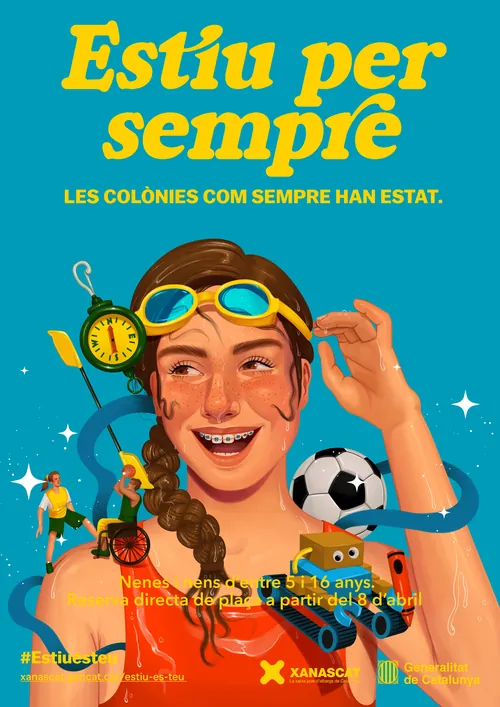 Menina com ícones esportivos simbolizando movimento e trabalho em equipe, por German Gonzalez